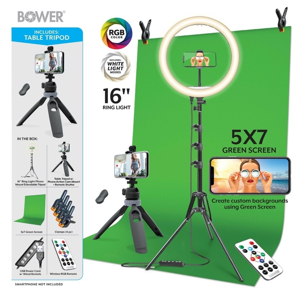Content Creator Kit , 16 Inch RGB Ring Light,62" Adjustable Tripod, Green Screen